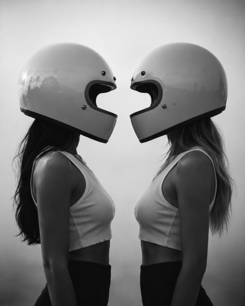 Two women in white helmets facing each other in profile