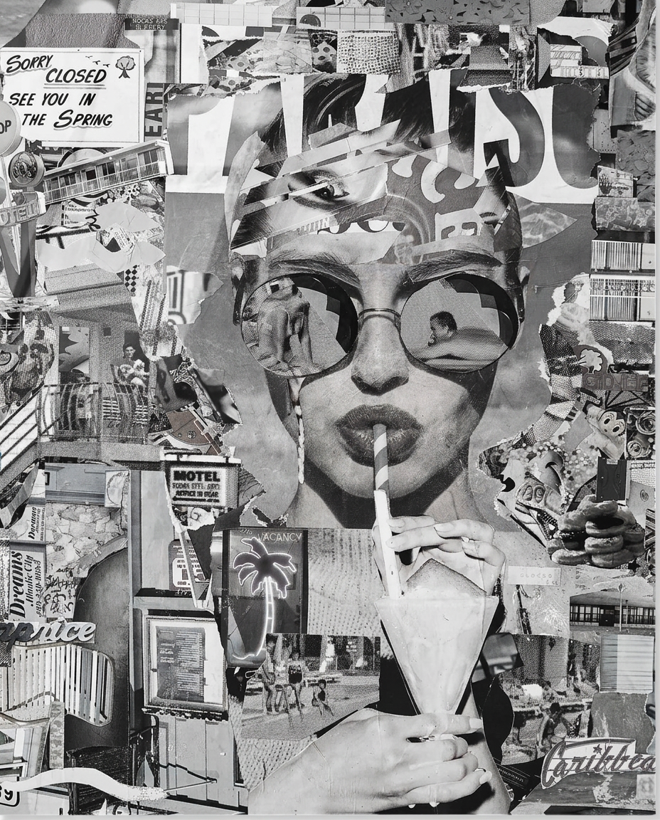 Black-and-white Jersey Shore collage of a woman in round sunglasses sipping a milkshake