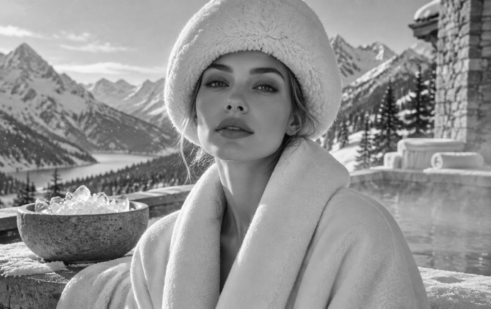 Black-and-white editorial portrait of a woman at an alpine spa beside a bowl of ice
