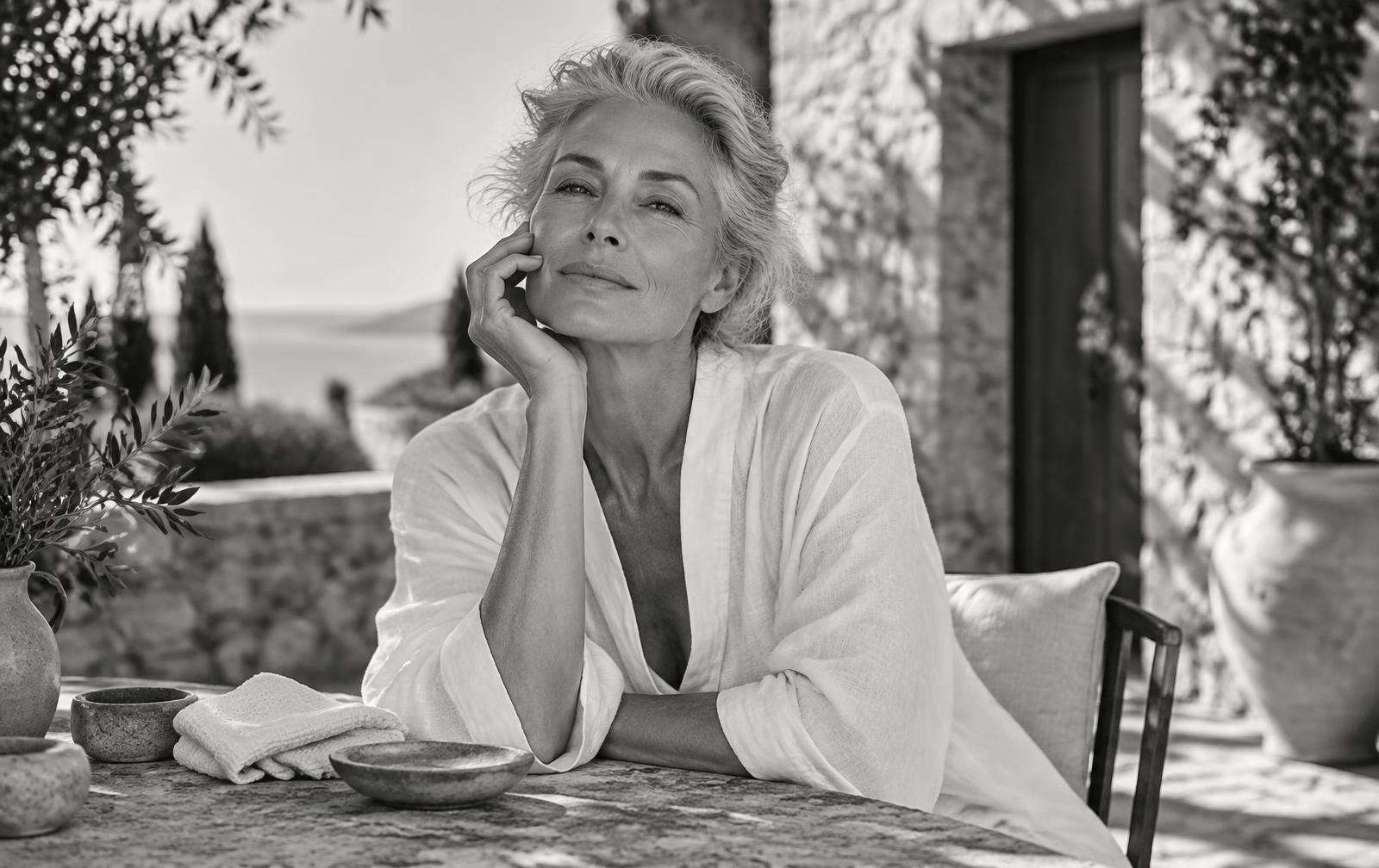 Black-and-white editorial portrait of a mature woman practicing a quiet skincare ritual in a Mediterranean courtyard