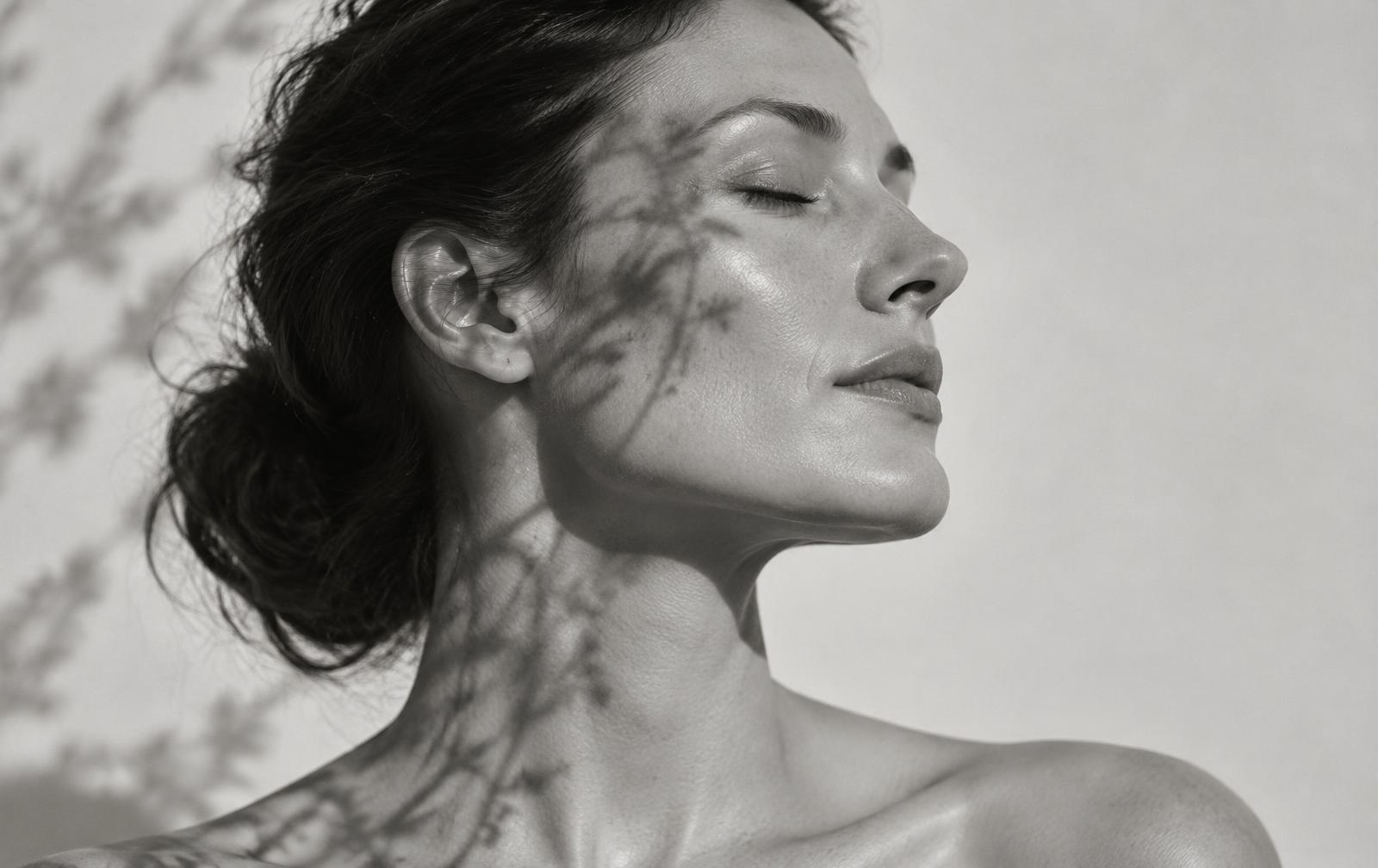 Black-and-white profile portrait with soft botanical shadows illustrating calm, resilient skin