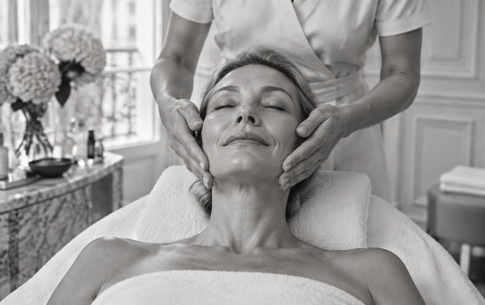 Black-and-white photograph of a woman receiving a needle-free sculpting facial massage
