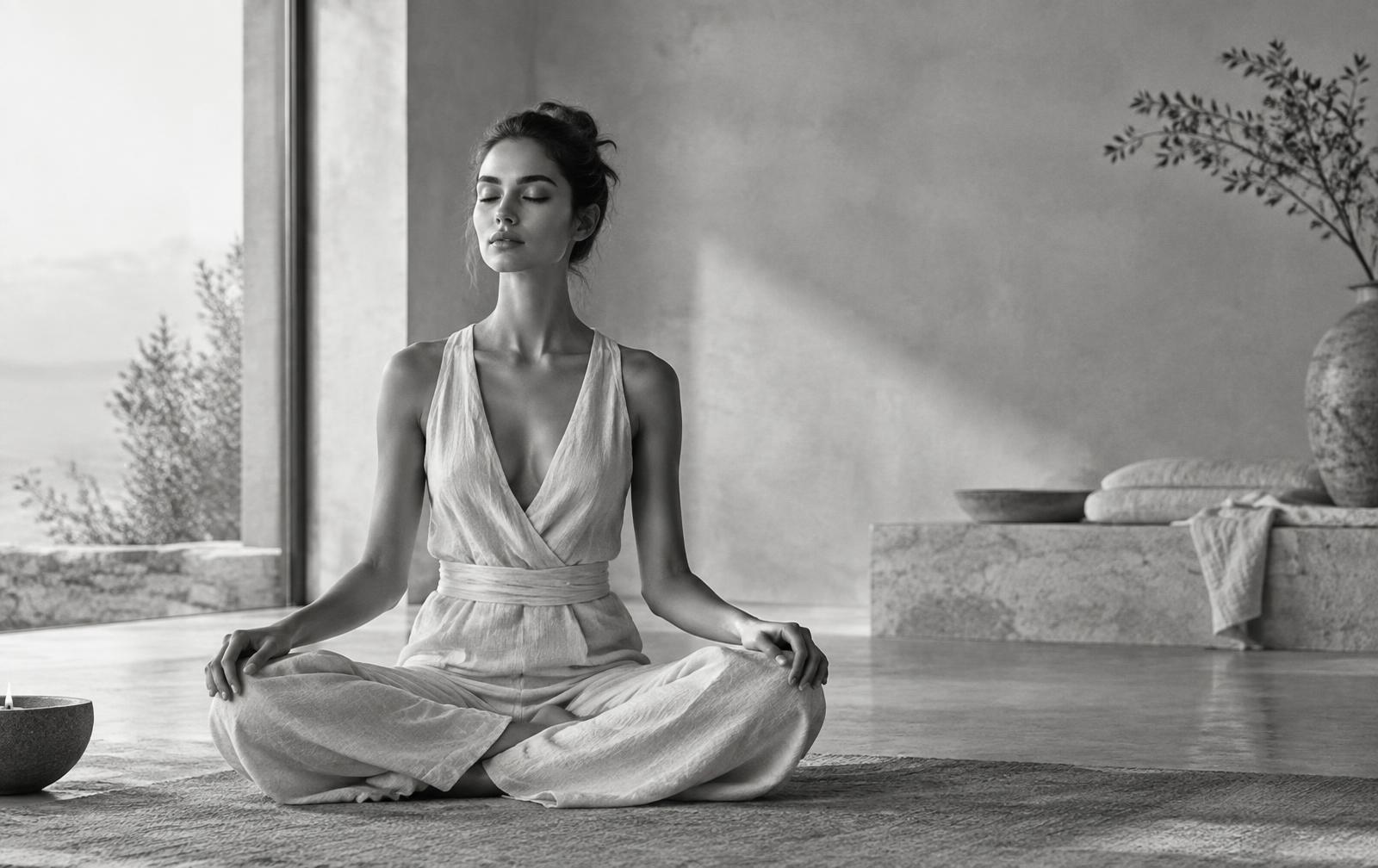 Black-and-white Vogue-style editorial photograph of a woman meditating in a serene minimalist spa