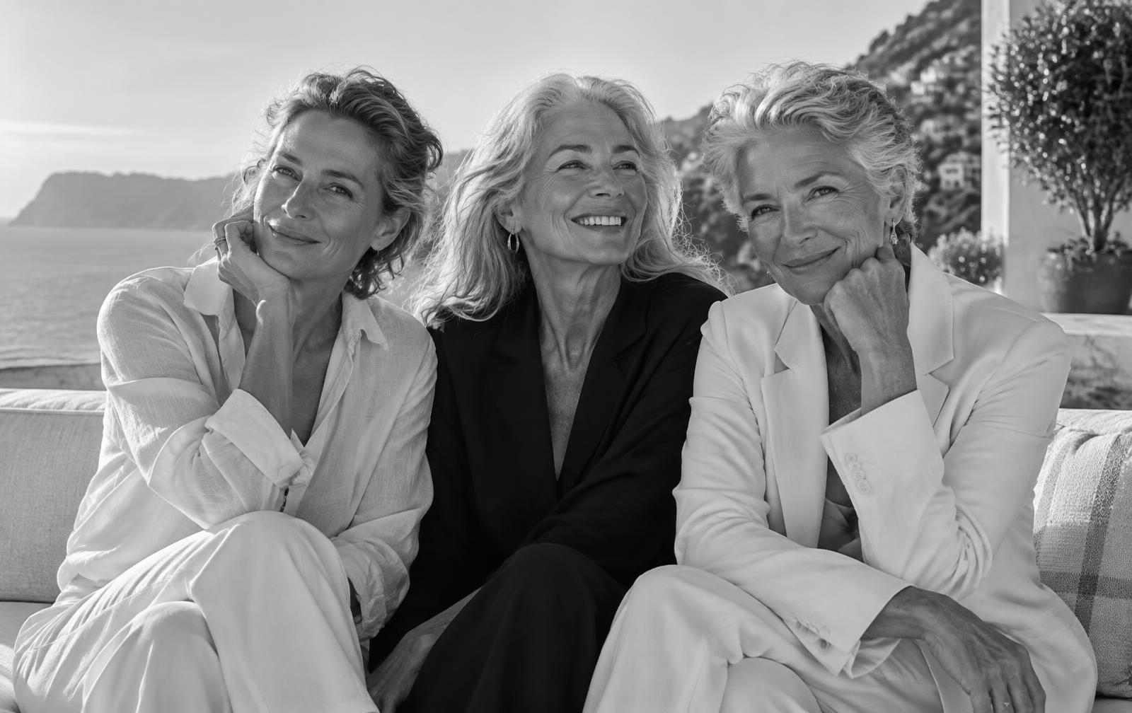 Black-and-white portrait of three confident women celebrating healthy skin through the decades