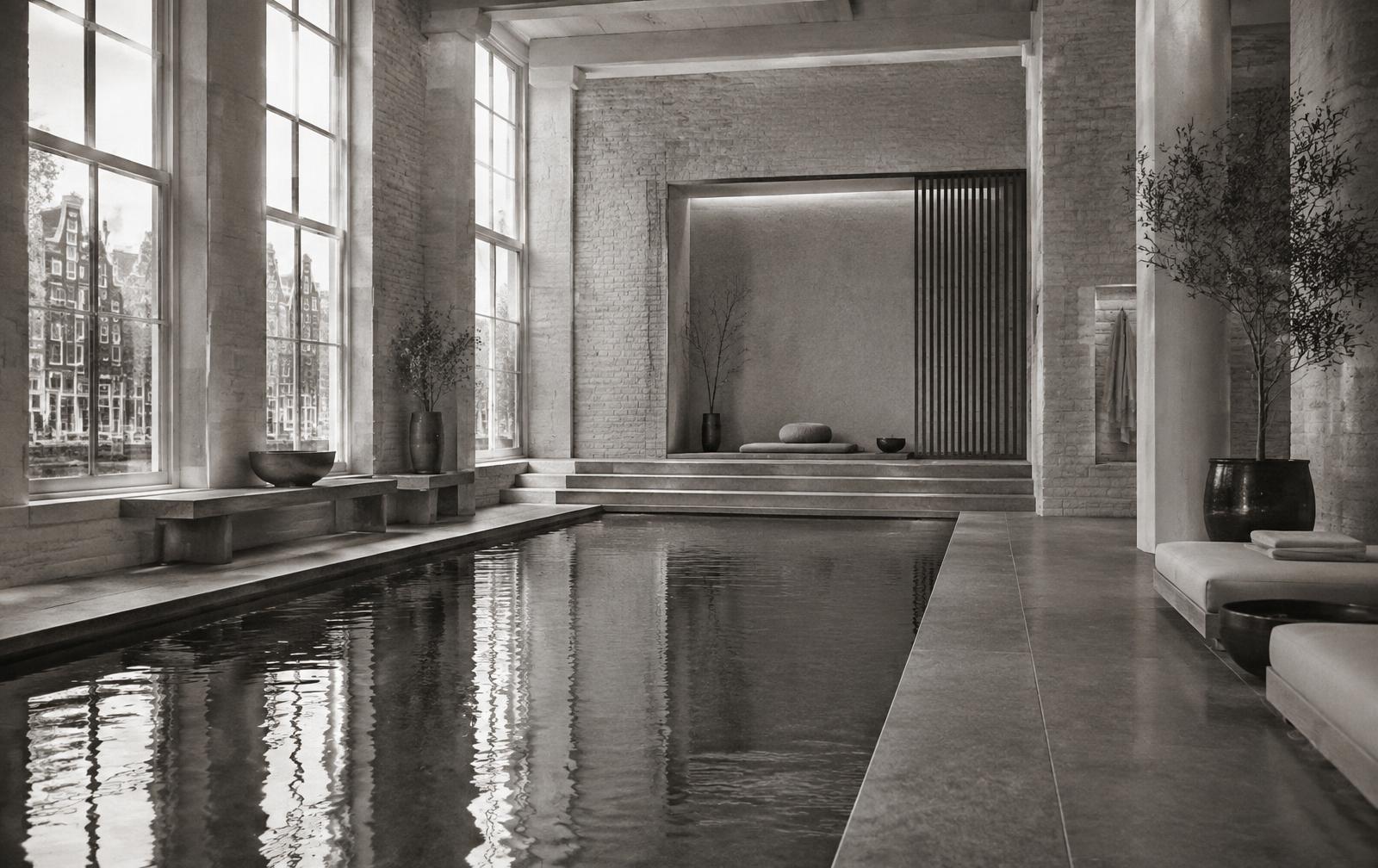 Original black-and-white vision of a serene Amsterdam urban wellness retreat