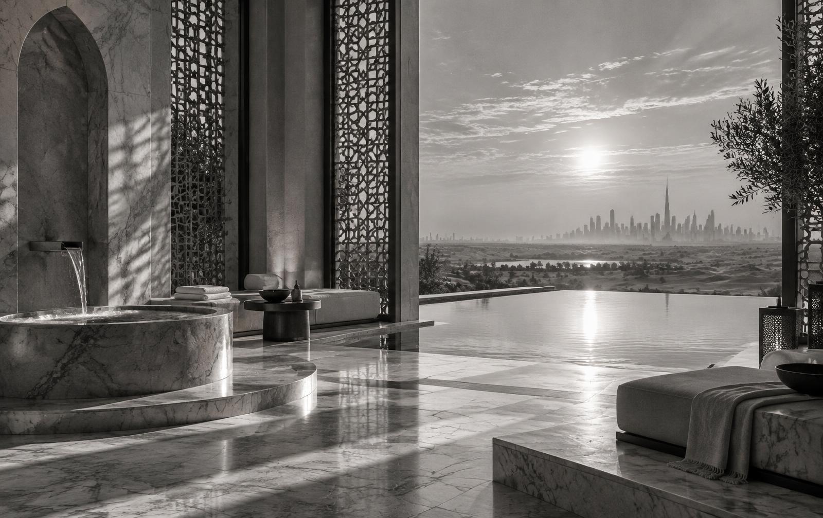 Original black-and-white vision of a Dubai marble hammam and infinity pool