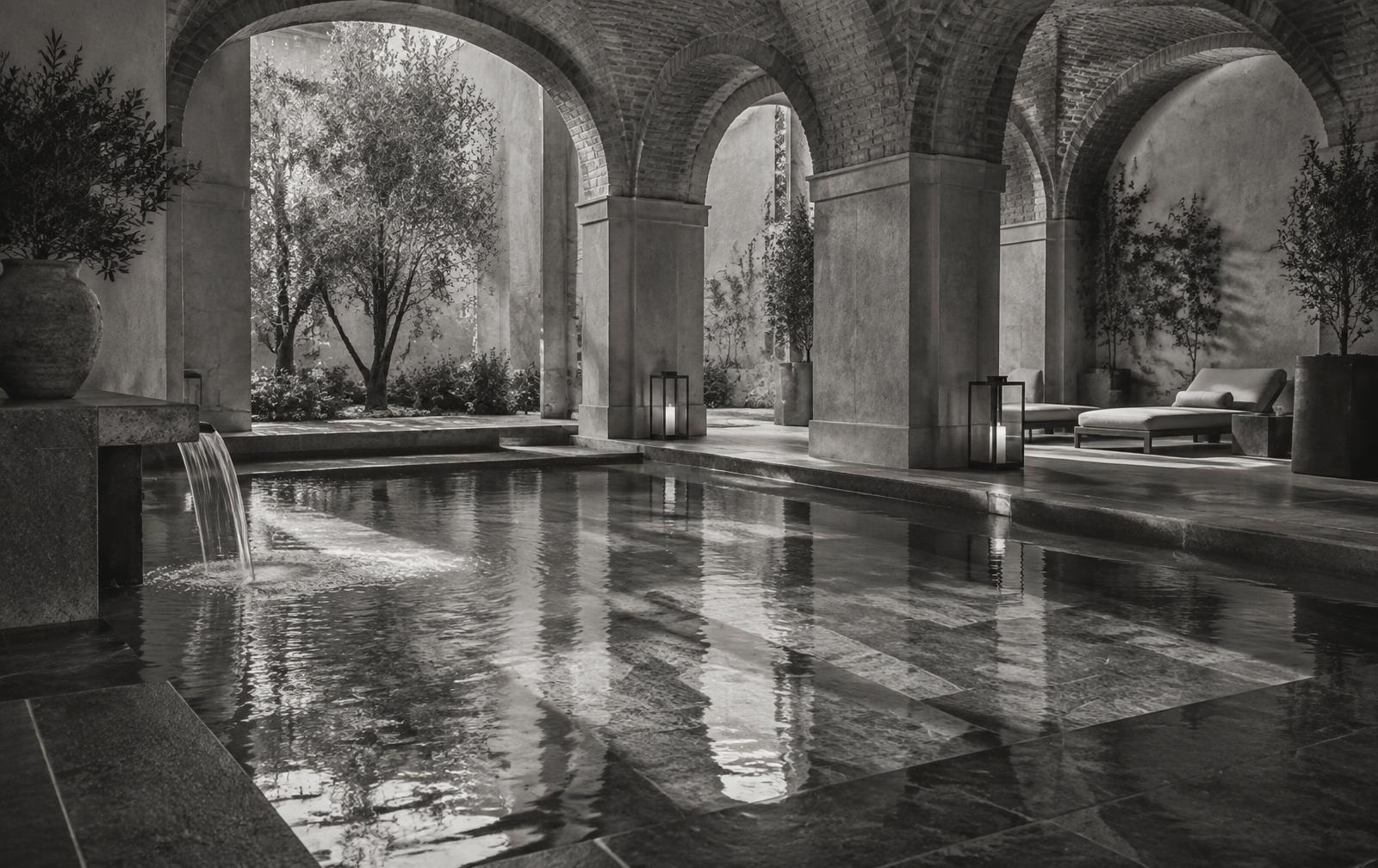 Original black-and-white vision of a Milanese spa with a dark stone vitality pool