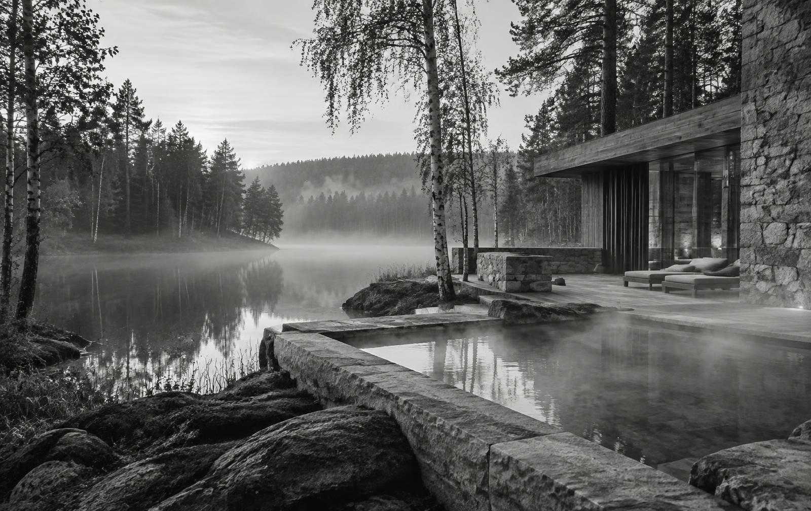 Original black-and-white vision of a Polish forest-and-lake thermal retreat
