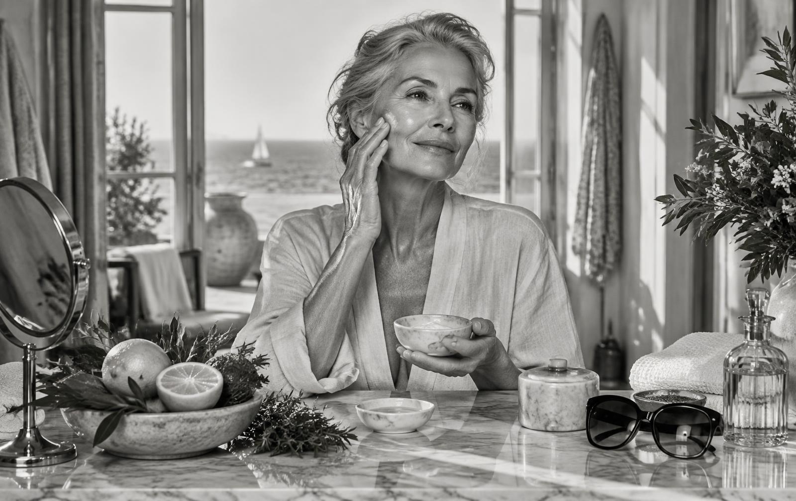 Black-and-white editorial portrait of a fictional mature woman preparing a timeless skincare ritual