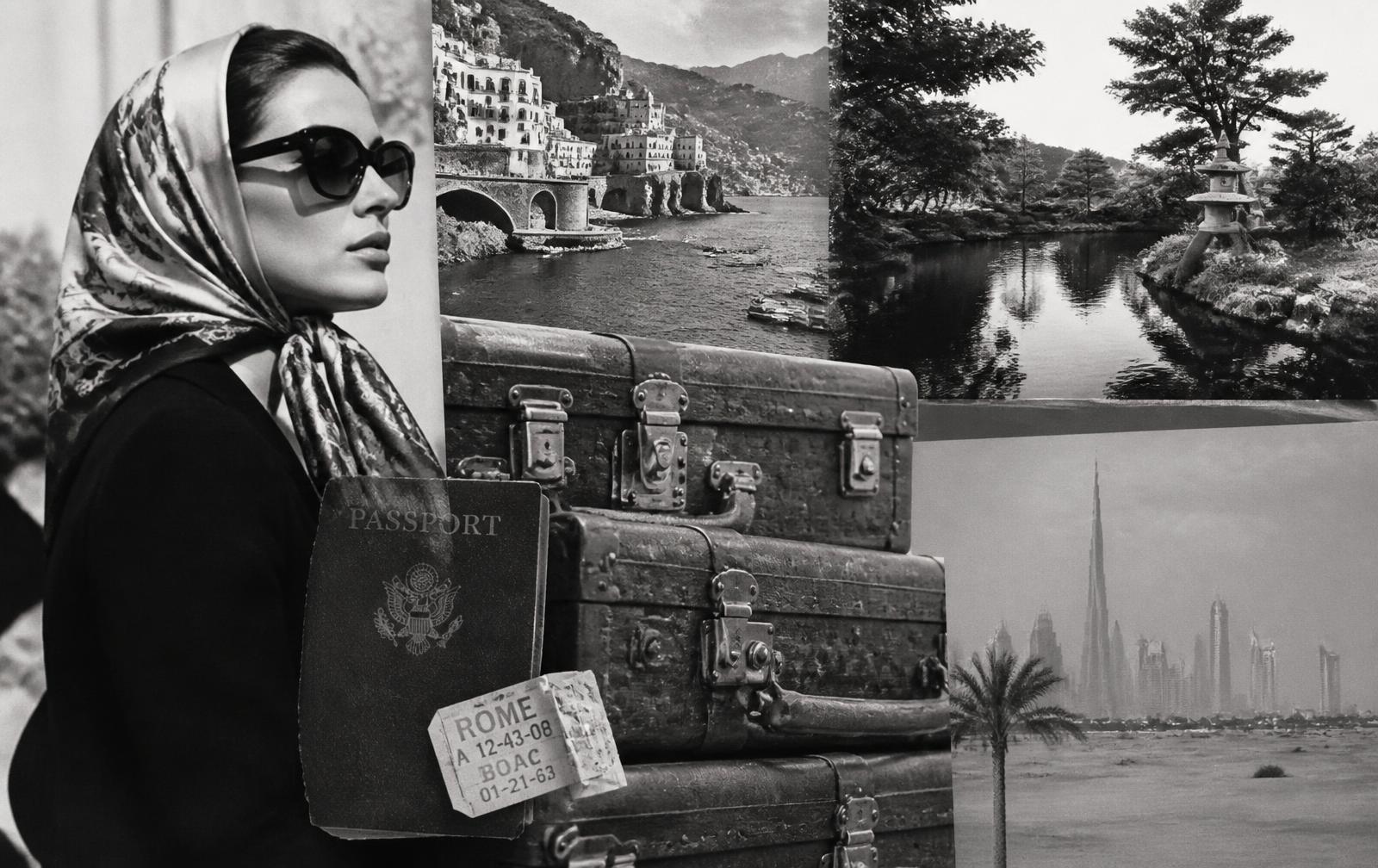Ula DiGiovanni in front of a black-and-white collage of luxury spas in Poland, Milan, Amsterdam, Dubai, and Japan