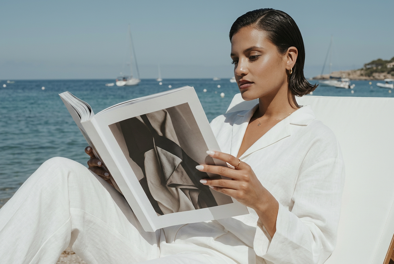 Sophisticated model reading a fashion magazine beside the sea