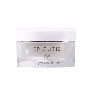 A minimalist, clear cylindrical jar with a white lid labeled "Epicutis Hyvia Creme" in black text contains white cream. The product is displayed against a plain white background.