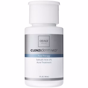 A white bottle of Obagi Clenziderm Pore Therapy, featuring a gray and blue label, contains 2% salicylic acid for acne treatment, 5 fl. oz. (148 ml).