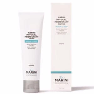 A tube and box of Jan Marini Physical Protected Tinted SPF 45 2oz- Medium to Deep, both white with teal and black text, stand upright on a plain background.