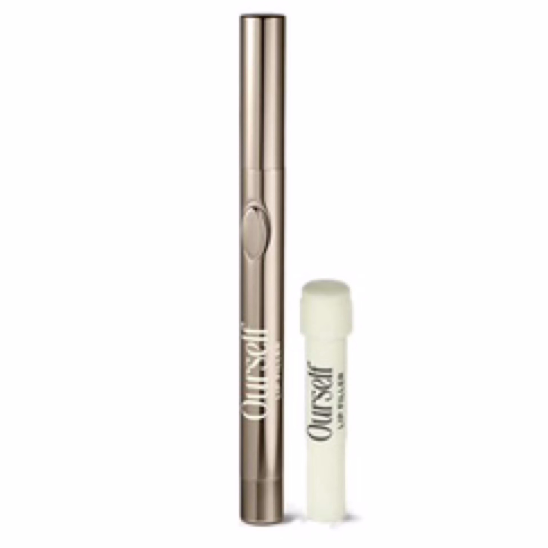 The Ourself Lip Filler, a metallic pen-shaped device, stands upright beside a small white tube, both featuring the Ourself branding against a plain white background.
