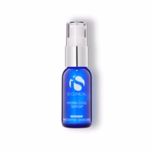 A blue 0.5 oz bottle of IS Clinical Hydra-Cool Serum with a silver pump, shown on a white background. The label features the brand name and product details in white text.