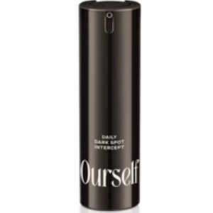 A sleek, metallic dark bottle labeled Ourself Daily Dark Spot Intercept features the brand name in large white letters at the bottom and comes with a push-top dispenser.