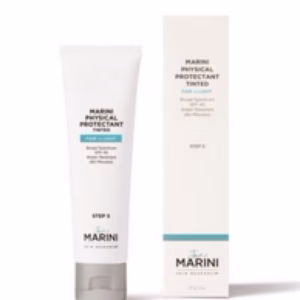 A white tube labeled Jan Marini Physical Protectant Tinted SPF 45 stands next to its matching box, both mostly white with subtle blue and gray accents.