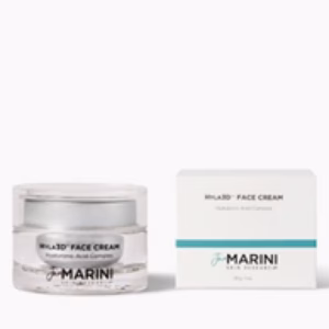 A clear jar of Jan Marini Hyla 3D Face Cream is placed beside its white box, which has a blue stripe and minimalist branding, set against a plain white background.