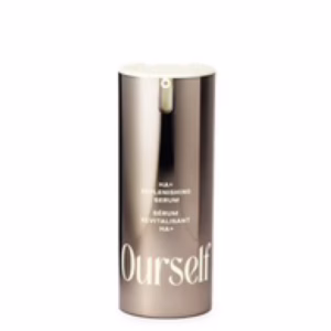 A metallic cylindrical bottle labeled "Ourself HA+ Replenishing Serum 15mL" features a pump dispenser on top, designed for serum packaging.