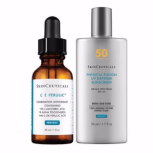 The Skinceuticals Double Defense Set features C E Ferulic (brown dropper bottle) and Physical Fusion UV Defense SPF 50 (silver bottle), available in 30 ml and 50 ml sizes, displayed upright.