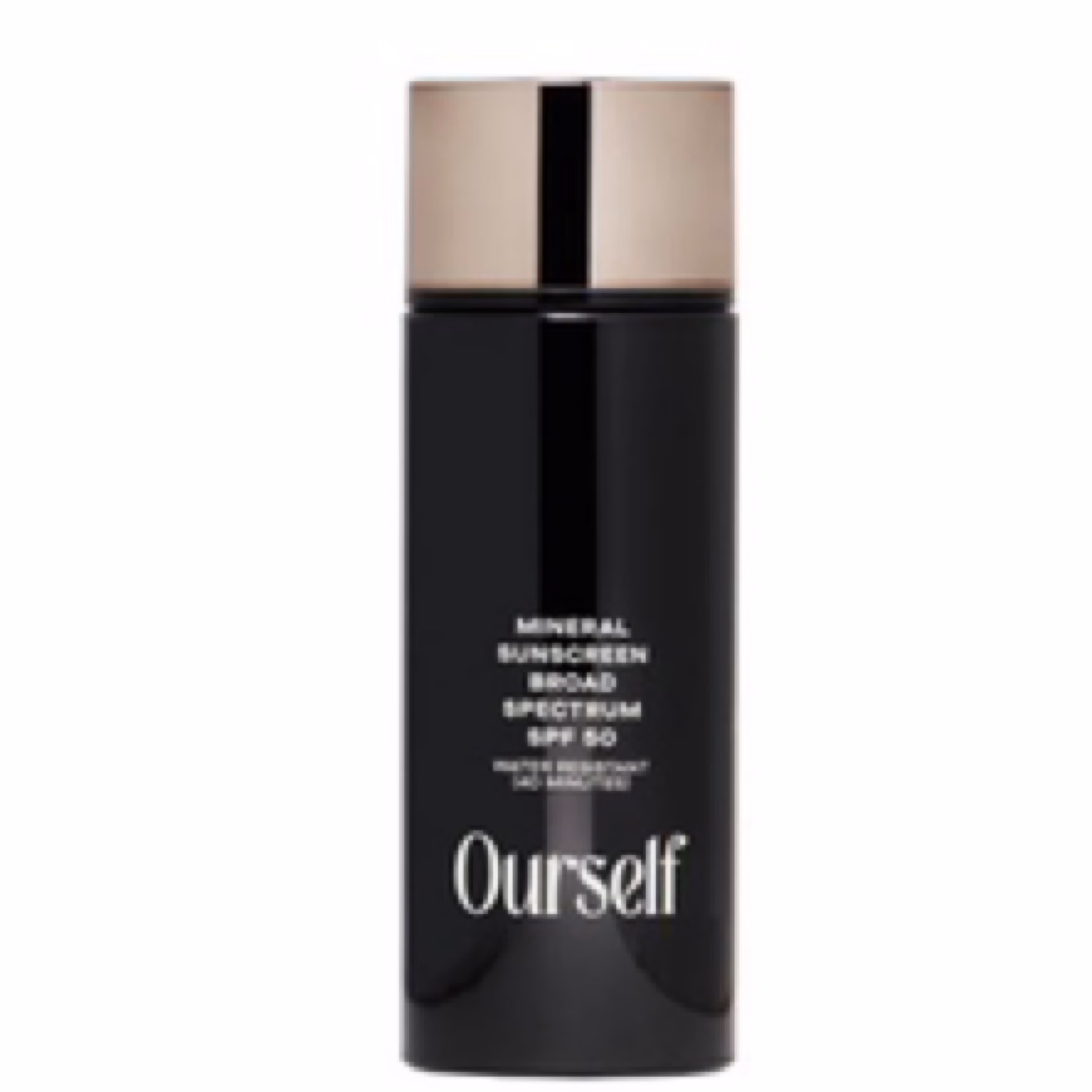 A black bottle with a metallic cap labeled in white text as Ourself Mineral Sunscreen Broad Spectrum SPF 50.