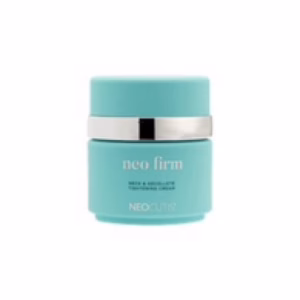 A teal jar of Neocutis Neo Firm neck and décolleté tightening cream with a silver band around the lid.