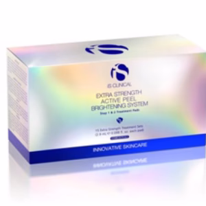 A rectangular box with iridescent rainbow packaging labeled “IS Clinical Extra Strength Active Peel Brightening System”; blue text and logo.