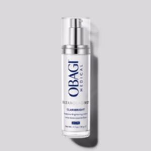 A bottle of Obagi Claribright serum with a silver pump dispenser stands upright against a light gray background.
