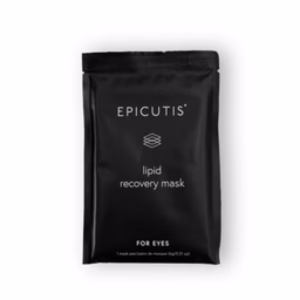 A black packet labeled Epicutis Lipid Recovery Mask for Eyes, designed for under-eye use, features minimalist packaging with white text and a geometric logo on the front.