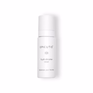 A white bottle of Epicutis hydrobiome mist with minimalist labeling displays the brand and product name in gray text on a white background.