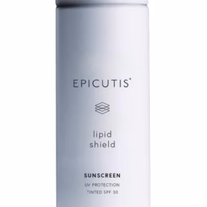 A minimalistic white bottle labeled Epicutis Lipid Shield Sunscreen features black text and contains tinted SPF 30 for UV protection.