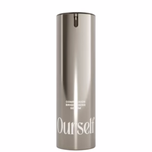 A sleek metallic silver bottle with a pump dispenser, labeled Ourself Complexion Brightening Serum, and featuring the brand name Ourself in bold white letters at the bottom.