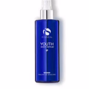 A blue bottle of Is Clinical Youth Body Serum with a silver cap is displayed against a white background, featuring the product name and brand logo in white text on the label.
