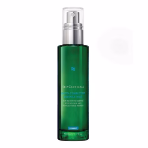 A green bottle of Skinceuticals Phyto Corrective Mist with a clear cap and silver pump, formulated to soothe skin and reduce visible redness.