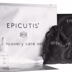 The Epicutis Recovery Care Set features a white zip pouch, a small lipid serum bottle, a black drawstring bag, and black-and-white packaging—all with the Epicutis logo and branding.
