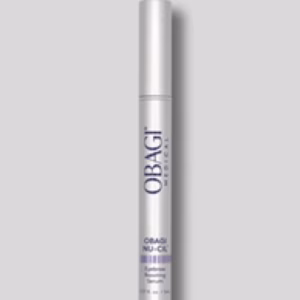 A silver tube of Obagi Nu-Cil Brow Serum with blue text on a light gray background.