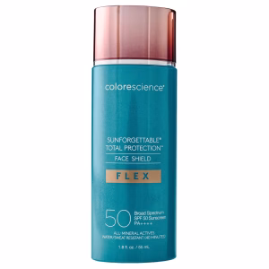 A teal bottle of ColorScience Sunforgettable Total Protection Face Shield FLEX- Light SPF 50, with a metallic pink cap and white and gold product details on the label.