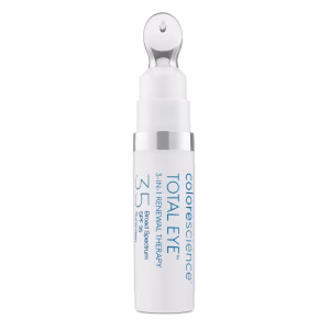 A white bottle of Colorscience Total Eye 3 in 1 - Fair with a silver applicator tip and blue label text stands upright against a white background.