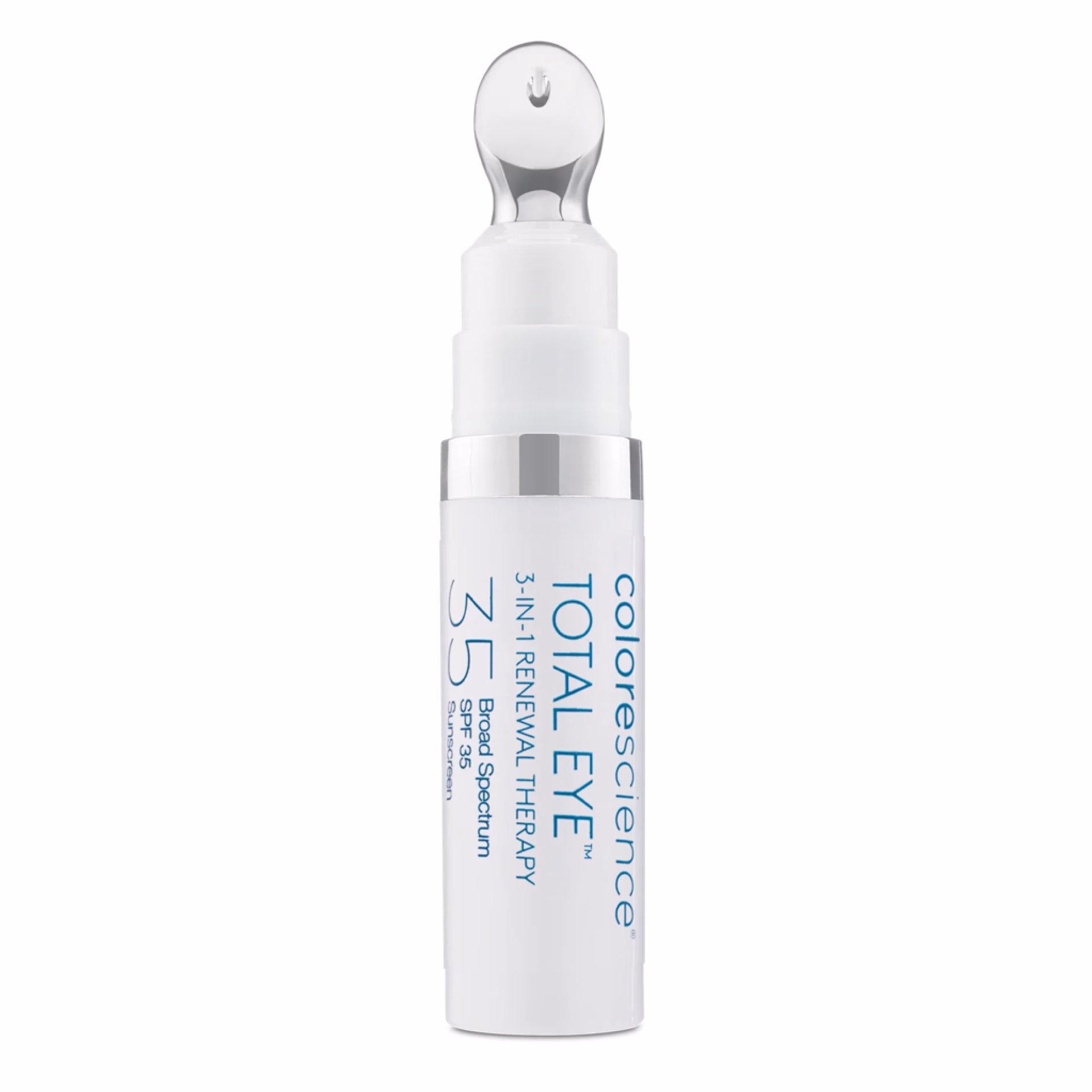 A white bottle of Colorscience Total Eye 3 in 1 - Fair with a silver applicator tip and blue label text stands upright against a white background.