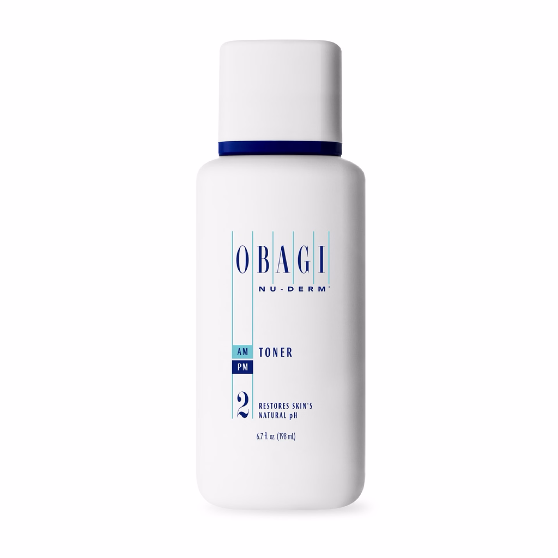 A white bottle of OBAGI Nu-Derm Toner with blue text and a white cap, designed for morning and night use to help restore skin’s natural pH. Contains 6.7 fl oz (198 ml).