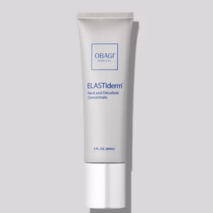 A bottle of OBAGI Elastiderm Neck and Décolletage Serum, 1 oz, with a white cap, displayed against a plain gray background.