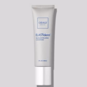 A white tube of OBAGI Elastiderm Neck and Décolletage Concentrate 2 oz with a silver cap is shown against a light gray background.