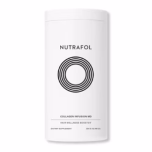A white cylindrical container labeled “Nutrafol collagen infusion md” features a black concentric circle design and reads “Hair Wellness Booster, Dietary Supplement.”.