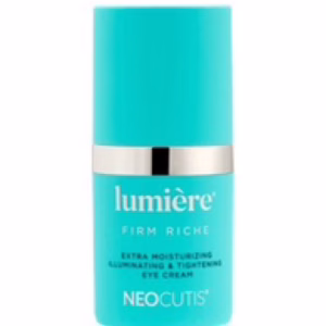 A turquoise bottle of NEOCUTIS lumière Firm Riche Eye Cream with a silver band near the top.