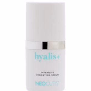 A white bottle of Neocutis hyalis with a silver band near the top and blue and gray text on the front.