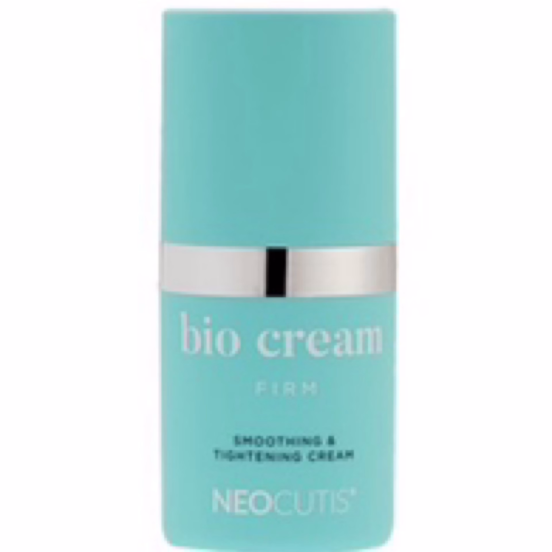 A turquoise bottle of Neocutis Bio cream firm riche 15ml, featuring a silver band near the top and white front text, described as a smoothing and tightening cream.