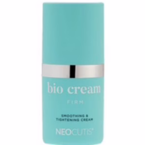 A turquoise 50ml NEOCUTIS Bio Cream Firm Smoothing & Tightening Cream bottle, featuring a silver band near the top and white front text.