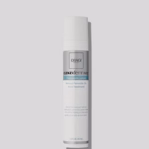 A cylindrical white bottle of OBAGI Clenziderm Therapeutic Lotion - Benzoyl Peroxide 5% with a silver cap and blue-grey label is displayed on a light grey background.
