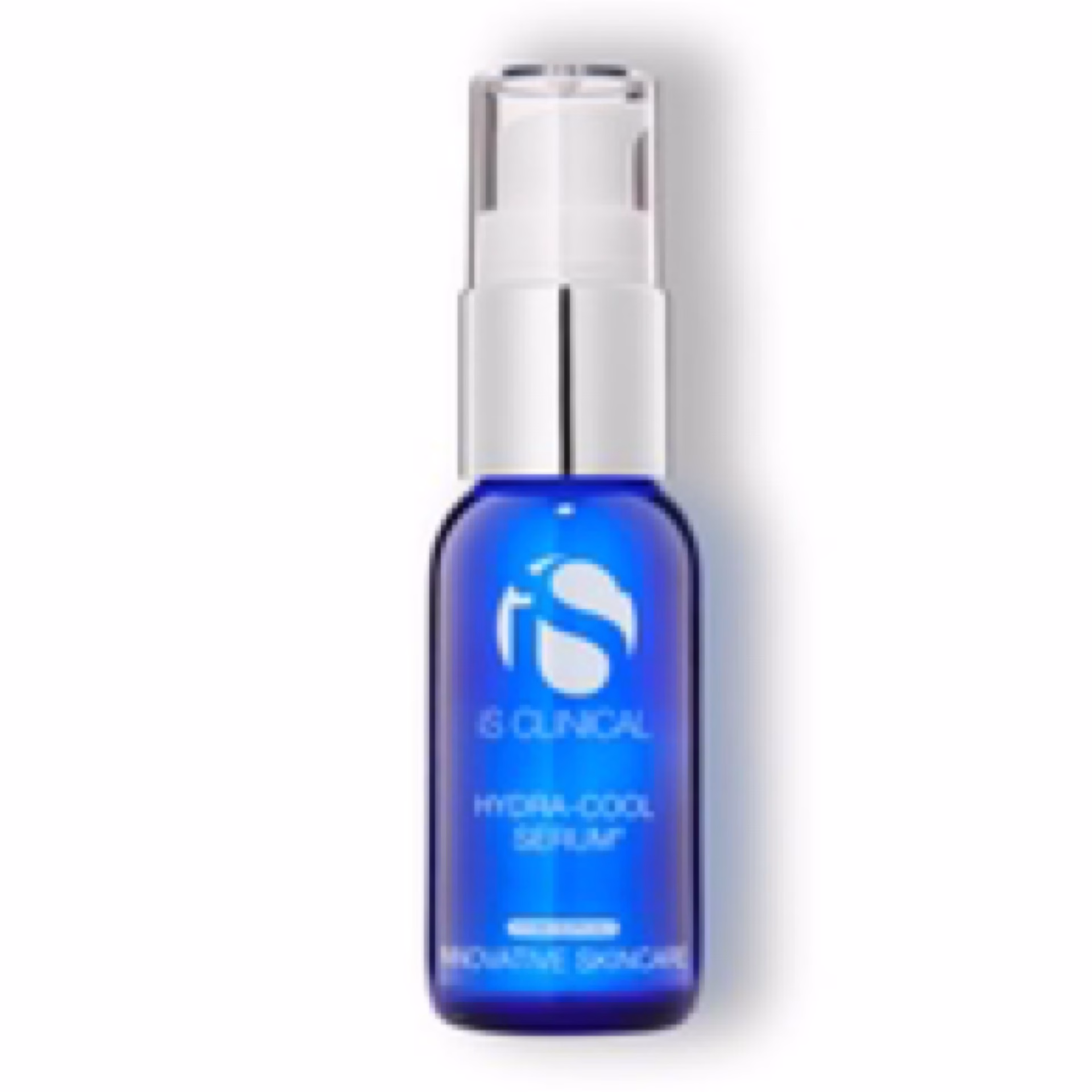 A blue bottle with a silver pump dispenser labeled “IS Clinical Hydra-Cool Serum 1 oz,” stands upright against a white background.